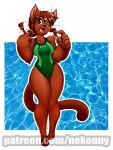  accessory anthro brown_body brown_fur clothing domestic_cat felid feline felis female fur green_eyes hair hair_accessory looking_at_viewer mammal nekonny one-piece_swimsuit open_mouth open_smile paws ponytail sammy_(imew) smile snout solo swimwear thick_thighs transformation water whiskers 