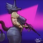  2021 anthro ar-15 assault_rifle big_breasts black_body black_fur breasts canid canine canis clothed clothing curvy_figure dubmare eyes_closed eyewear female fingers fur gun hair hi_res holding_gun holding_object holding_weapon ineffective_clothing lips m231 mammal mostly_nude nipples ranged_weapon rifle signature sligarthetiger solo striped_body striped_fur stripes sunglasses thick_bottom_lip thick_thighs tight_clothing voluptuous weapon wolf 
