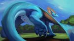  16:9 blue_body claws day detailed_background dragon edit feet female feral foot_focus frill_(anatomy) genitals grass hi_res low-angle_view nature outside plant presenting presenting_pussy pussy reptile scalie shaded sky solo sprout thick_tail tree western_dragon widescreen wings 