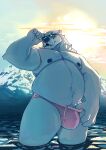  2021 5_fingers anthro belly black_nose bulge chocobeverage chocolate-beverage clothing cloud digital_media_(artwork) eyewear fingers fur hi_res ice ice_climber male mammal mountain navel nintendo nipples open_mouth overweight overweight_male partially_submerged polar_bear polar_bear_(ice_climber) sky solo standing sun sunglasses underwear ursid ursine video_games water 