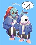  5_fingers animal_humanoid blue_body blue_clothing blue_jacket blue_skin blue_topwear blush bone clothing crouching duo eye_patch eyewear female fingers fish fish_humanoid hair hi_res humanoid jacket male marine marine_humanoid ponytail pugthe2ro red_hair sans_(undertale) shirt skeleton slippers topwear undertale undertale_(series) undyne video_games white_clothing white_shirt white_topwear 