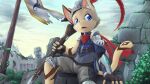 16:9 5_fingers absurd_res anthro blue_eyes bottomwear clothed clothing cloud detailed_background felid feline fingerless_gloves fingers gloves handwear hi_res holding_object male mammal nobusuke outside red_feather ruins sitting sky solo topwear widescreen 