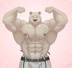  2021 abs absurd_res anthro armpit_hair barazoku beastars belt biceps big_muscles body_hair bottomwear clothed clothing dated emanata flexing front_view fur hi_res huge_muscles jabuhusky looking_at_viewer male mammal muscular muscular_anthro muscular_male narrowed_eyes navel nipples obliques pants pecs riz_(beastars) scar signature simple_background solo suspenders tan_background topless topless_male torn_clothing torn_suspenders tuft ursid 