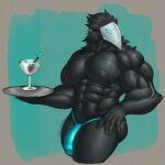  abs anthro avian big_pecs black_body blue_clothing blue_thong blue_underwear bulge clothed clothing container cup darkner deltarune genital_outline glass glass_container glass_cup hi_res hunnipanda male mask muscular muscular_anthro muscular_male nipples pecs penis_outline solo swatchling thong topless undertale_(series) underwear video_games 