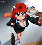  animal_humanoid blue_eyes bottomwear breasts business_suit cleavage clothed clothing digital_media_(artwork) female hair hand_on_hip hi_res high-angle_view holding_object humanoid hybrid id_badge lemur lemur2003_(artist) lemur_humanoid looking_at_viewer looking_up mammal mammal_humanoid marina marina_mandry pencil_skirt pinup pose primate primate_humanoid red_hair shaded skirt strepsirrhine suit suitcase 