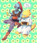  alphys animal_humanoid black_clothing black_shirt black_topwear blue_body blue_skin clothing coat duo eye_patch eyewear feet female fish fish_humanoid floral_background gaming hair hi_res humanoid lab_coat marine marine_humanoid pugthe2ro red_hair shirt tank_top topwear undertale undertale_(series) undyne video_games yellow_body yellow_sclera yellow_skin yellow_tail 