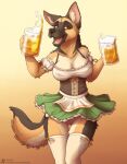  2021 alcohol amber_eyes anthro barmaid beer beer_foam beer_mug beverage big_breasts bottomless breasts canid canine canis cleavage cleft_of_venus clothed clothing corset digital_drawing_(artwork) digital_media_(artwork) dirndl domestic_dog english_text female fur genitals german_shepherd gradient_background herding_dog hi_res holding_mug jishinu legwear lingerie looking_at_viewer mammal nipple_outline no_underwear oktoberfest open_mouth pastoral_dog pussy rachel_(jishinu) simple_background solo stockings text tongue topwear url 