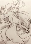  2021 ahoge anthro big_breasts big_butt breasts butt canid canine curemitsuba curvy_figure cute_fangs facial_markings fangs featureless_breasts female fingers fox fur hair head_markings hi_res kemono long_hair looking_at_viewer mammal markings monochrome naturally_censored neck_tuft nipple_tuft nude open_mouth simple_background solo thick_thighs traditional_media_(artwork) tuft voluptuous wide_hips 