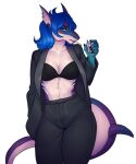  5_fingers anthro blue_eyes blue_hair breasts clothed clothing ear_piercing ear_ring female fingers fish flesh_tunnel hair hi_res marine monian nipple_outline non-mammal_breasts piercing shark simple_background solo white_background 