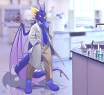  absurd_res anthro belt blue_body chemistry clothing coat dragon dress_pants frill_(anatomy) hand_in_pocket hi_res jewelry kouryuu lab_coat laboratory looking_at_viewer male membrane_(anatomy) membranous_frill membranous_wings necktie pockets reflection rudragon scalie scientist smile smirk solo tail_jewelry thinking_pose topwear western_dragon wings yellow_eyes 