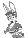  2021 anthro awr_hey baseball_cap bottomwear breasts clothed clothing digital_drawing_(artwork) digital_media_(artwork) disney female fur hat headgear headwear hi_res judy_hopps lagomorph leporid looking_at_viewer mammal monochrome nintendo pok&eacute;ball pok&eacute;mon pok&eacute;mon_go pok&eacute;mon_go_trainer pok&eacute;mon_trainer rabbit shorts smile solo video_games zootopia 