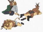  2021 anthro antlers beastars blush bottomwear brown_body brown_fur bulge bulge_frottage butt cervid cervine clothed clothing confusion desk dress_shirt dry_humping duo eyewear felid footwear frottage fur furniture glasses grinding hi_res horn ibuki_(beastars) kinktober lion lying male male/male mammal mane mature_anthro mature_male necktie oguma_(beastars) on_back on_front pantherine pants predator/prey red_deer sex shirt sitting socks spicedpopsicle suit tan_body tan_fur teeth topless topless_male topwear underwear watermark whiskers 