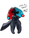  3:4 absurd_res animate_inanimate anthro black_body blue_body breasts collar controller dog_tags female game_controller glistening glistening_body glistening_breasts happy hi_res holding_ears light lighting nintendo nintendo_switch pokesiimii red_body shaded simple_background solo switch_dog text video_games 