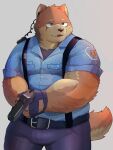  2021 3:4 absurd_res anthro belly bottomwear brown_body canid canine canis clothing domestic_dog hi_res humanoid_hands kemono male mammal morningbread16 overweight overweight_male pants police police_officer police_uniform scar shirt simple_background solo topwear uniform weapon 