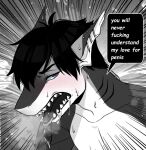  ahegao anthro black_hair blush ear_piercing english_text fish hair hi_res humor linkfrompennysylvania looking_pleasured male marine open_mouth piercing profanity riptide_(riptideshark) riptideshark shark text tongue tongue_out 