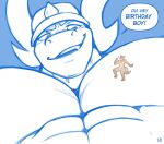  abs anthro blush bodily_fluids brown_body brown_fur clothed clothing dialogue duo fangs featureless_crotch fur happy_birthday hat headgear headwear hi_res lizard looking_at_another macro male male/male mammal muscular muscular_male pecs procyonid raccoon reptile rygel_(rygel_spkb) scalie sizable_danger size_difference smile sweat topless topless_male xe 