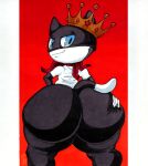  2021 ambiguous_gender anthro atlus big_butt black_body black_fur blue_eyes bottomless butt clothed clothing collectollider crown dipstick_tail domestic_cat felid feline felis fur hand_on_butt hi_res huge_butt hyper hyper_butt kerchief looking_at_viewer looking_back mammal markings megami_tensei megami_tensei_persona morgana_(persona) narrowed_eyes neckerchief red_kerchief red_neckerchief shirt short_stack simple_background smug solo tail_markings thick_thighs topwear traditional_media_(artwork) video_games white_body white_clothing white_fur white_shirt white_topwear wide_hips 