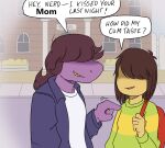  ambiguous_gender anthro backpack brown_hair clothed clothing deltarune dialogue duo english_text female fully_clothed hair hair_over_eyes hi_res human implied_incest jacket kris_(deltarune) long_hair mammal meme outside parody porldraws purple_body sharp_teeth shirt smile speech_bubble susie_(deltarune) teeth text topwear undertale_(series) video_games 