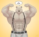  2021 abs absurd_res anthro armpit_hair barazoku beastars belt biceps big_muscles body_hair bottomwear clothed clothing dated dialogue dot_eyes english_text flexing front_view fur hi_res huge_muscles jabuhusky looking_at_viewer male mammal muscular muscular_anthro muscular_male navel nipples obliques pants pecs riz_(beastars) signature simple_background smile solo suspenders talking_to_viewer tan_background text topless topless_male torn_clothing torn_suspenders tuft ursid 
