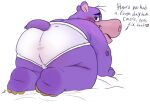  all_fours anthro big_butt blush butt clothing common_hippopotamus dialogue hippopotamid looking_back male mammal overweight peter_potamus presenting presenting_hindquarters purple_body solo suggestive_pose text underwear unknown_artist 