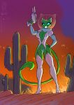  2021 alien antennae_(anatomy) anthro blue_eyes breasts cactus cleavage clothed clothing conditional_dnp desert domestic_cat empty_eyes felid feline felis female fire flower fur green_body green_fur grin high_heels jollyjack leggings legwear mammal night plant ray_gun sky smile smoke solo weapon 