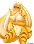  amber_eyes anthro big_breasts blush breast_grab breast_squish breasts dragon female genitals goldy_(golden.dragon) hand_on_breast hi_res huge_breasts looking_at_another looking_at_viewer looking_away moonfluffmf pussy reptile scalie shy sitting smile solo squish striped_body stripes western_dragon wings yellow_body 