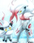  ambiguous_gender anthro canid canine duo eiroru feral fur grey_body grey_fur hair hi_res hisuian_zoroark hisuian_zorua looking_at_viewer mammal nintendo pok&eacute;mon pok&eacute;mon_(species) pokemon_legends_arceus red_hair regional_form_(pok&eacute;mon) simple_background video_games yellow_eyes 