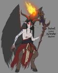  3_horns absurd_res armor baphomet_(deity) book deity demon duo female fire glowing glowing_eyes hi_res hooves horn humanoid male medicinal_succ multi_horn pathfinder red_eyes scale_knight_(medicinalsucc) tattoo weapon wings 