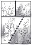  aariel anthro axel bathroom bulge canid canine comic dialogue duo genitals hi_res humanoid_genitalia low-angle_view male male/male mammal penis public spanish_text text touching_penis translated wolfyalex96_(artist) 