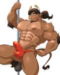  4:5 abs absurd_res anthro big_pecs bovid bovine brown_body brown_fur brown_hair bulge cattle clothed clothing elbow_tufts erection erection_under_clothing facial_hair facial_piercing fur genital_outline goatee hair hi_res horn maldu male mammal muscular muscular_anthro muscular_male nipples nose_piercing nose_ring pecs penis_outline piercing pole ponytail red_clothing red_thong red_underwear simple_background solo stripper_pole thong tongue tongue_out topless underwear white_background 