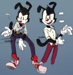  animaniacs anthro azuredeville belt black_eyes clothed clothing footwear gloves grin handwear hi_res inkblot male red_nose shoes sitting sketch smile solo standing warner_brothers yakko_warner 