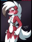  2021 anthro bite biting_lip black_clothing black_panties black_underwear blush body_blush breasts canid canine canis cleft_of_venus clothed clothing digital_media_(artwork) featureless_breasts female fur fur_tuft genitals hair hi_res looking_away lycanroc mammal midnight_lycanroc mohawk navel nintendo panties panties_down partially_clothed pok&eacute;mon pok&eacute;mon_(species) pulling_panties_down pussy pussy_blush red_body red_eyes red_fur signature simple_background solo teeth teeth_showing text theidiotmuffin tuft underwear underwear_down url video_games white_body white_fur white_hair wolf 