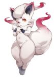  anthro anthrofied breasts canid canine crotch_tuft female fur hand_on_chest hi_res hisuian_zorua looking_at_viewer mammal navel nintendo pok&eacute;mon pok&eacute;mon_(species) pok&eacute;morph pokemon_legends_arceus regional_form_(pok&eacute;mon) shaded simple_background solo thick_thighs torushitakara tuft video_games white_background white_body white_fur 