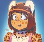  anthro brown_eyes brown_hair choker clothed clothing felid female freckles hair head_shot hi_res jaguar jewelry kitzy_(character) luxarman mammal necklace pantherine pattern_(disambiguation) signed simple_background 