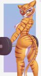  absurd_res anthro areola barbell breasts butt digital_media_(artwork) dreamworks exercise felid female hi_res kung_fu_panda looking_at_viewer mammal master_tigress nexcoyotlgt nipples nude pantherine simple_background solo tiger weightlifting weights workout 