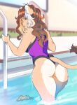  2021 butt_pose clothing dandee_(character) digital_media_(artwork) felid female hair hi_res lion long_hair looking_at_viewer looking_back luxarman mammal one-piece_swimsuit pantherine partially_submerged pose swimming_pool swimwear 