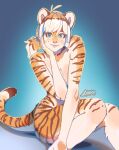  accessory anthro blue_eyes breasts felid female freckles hair hair_accessory hairband hi_res looking_at_viewer luxarman mammal nude pancake_(character) pantherine pattern_(disambiguation) simple_background sitting stripes tiger 