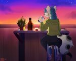  absurd_res alcohol anthro beverage clothed clothing drinking full-length_portrait hi_res hyaenid mammal marykimer paws plant portrait sitting solo 