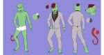  17:9 4_toes absurd_res anonymous_artist anthro barefoot black_nose bow_tie claws clothed clothing demon feet fur green_body green_fur hi_res horn humanoid leotoefinger looking_at_viewer male male/male model_sheet red_eyes solo suit toe_claws toes underwear 
