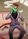  5_fingers anthro bullet_hole cigarette clothed clothing crown demon demonic desert_eagle fingers frown fur green_body green_fur gun handgun hi_res horn humanoid leotoefinger male male/male pistol ranged_weapon red_eyes rinity sitting smoking solo suit weapon 