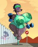  absurd_res accessory anthro big_breasts blu3danny bodily_fluids bouncing_breasts breasts cervid cervine cloud dumbbell etta_(smutbooru) etta_turner female fence headband hi_res huge_breasts jogging_outfit mammal mature_female nipples road sky smutbooru solo stop_sign sweat thin_clothing weights wide_hips wide_thighs 