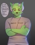  anonymous_artist anthro clothing demon english_text fur green_body green_fur grey_background hi_res horn leotoefinger male red_eyes shirt simple_background solo text topwear 