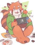  2021 ailurid anthro blush bulge clothing food gamecube gaming hi_res hoodie humanoid_hands jamiephut kemono male mammal nintendo nintendo_3ds nintendo_ds_family nintendo_switch orange_body overweight overweight_male playing_videogame red_panda sitting solo tongue tongue_out topwear underwear video_games white_clothing white_underwear young 