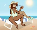 anthro beach clothing container cup drinking female lutrine mammal mustelid nicnak044 one-piece_swimsuit outside sea seaside solo sun_hat swimwear water 