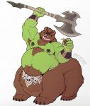  armpit_hair axe barbarian beer_mug belly better_version_at_source black_nipples body_hair bone brown_body brown_fur chest_hair crazy-go-lucky_(artist) ear_piercing facial_piercing fur green_body green_skin hi_res humanoid hybrid male mammal melee_weapon musclegut muscular nipple_piercing nipples nose_piercing open_mouth orc overweight paws piercing skull solo taur themongrel tusks ursid weapon 