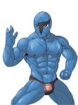  3_fingers abs barazoku biped black_eyes black_nose blue_body blue_skin bottomwear briefs clothed clothing eyebrows fingers front_view humanoid male muscular muscular_male nintendo nipples not_furry ofstrial pecs pok&eacute;mon pok&eacute;mon_(species) sawk solo underwear video_games 