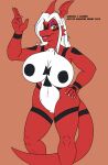  2019 anthro anthrofied bandai_namco big_breasts breasts curvy_figure digimon digimon_(species) female genitals guilina_(lucedo) guilmon hair huge_breasts ignatius_husky nipples non-mammal_breasts nude pussy solo voluptuous white_hair wide_hips yellow_eyes 