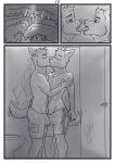  aariel anthro axel bathroom bulge_frottage canid canine clothing comic duo erection french_kissing frottage hi_res kissing male male/male mammal public sex swimming_trunks swimwear tongue wolfyalex96_(artist) 