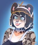  accessory anthro blep blue_eyes clothed clothing felid female hair hair_accessory hairband hi_res luxarman mammal orio_(character) pantherine short_hair signed simple_background snow_leopard tongue tongue_out 