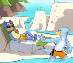  anthro avian beach bottomwear clothing duo golduck houndour kitsune2000 male nintendo pok&eacute;mon pok&eacute;mon_(species) seaside shorts swimming swimming_trunks swimwear video_games 